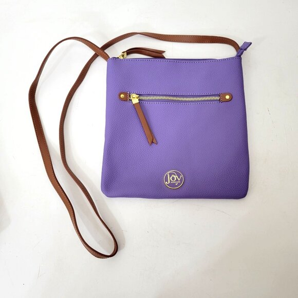 Joy Mangano Crossbody Bag Purple Faux Leather With Brown Strap Gold Zipper & Fro - Picture 6 of 6